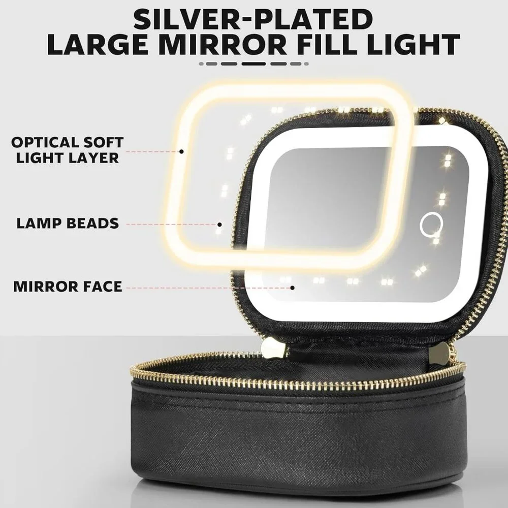 New Mini Makeup Bag w Led‎ Mirror Small Travel Make up Bag 3 Light Modes Black